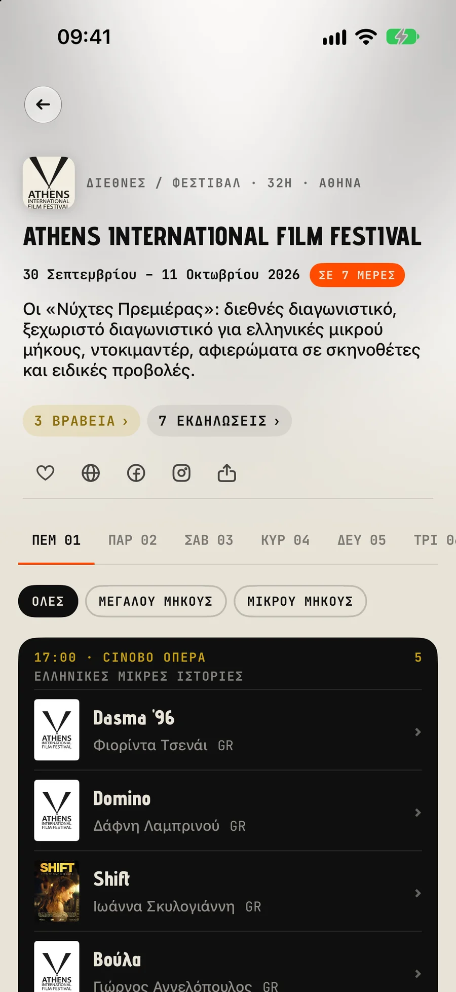 Η σελίδα των Νυχτών Πρεμιέρας με το πρόγραμμα της Πέμπτης 1 Οκτωβρίου